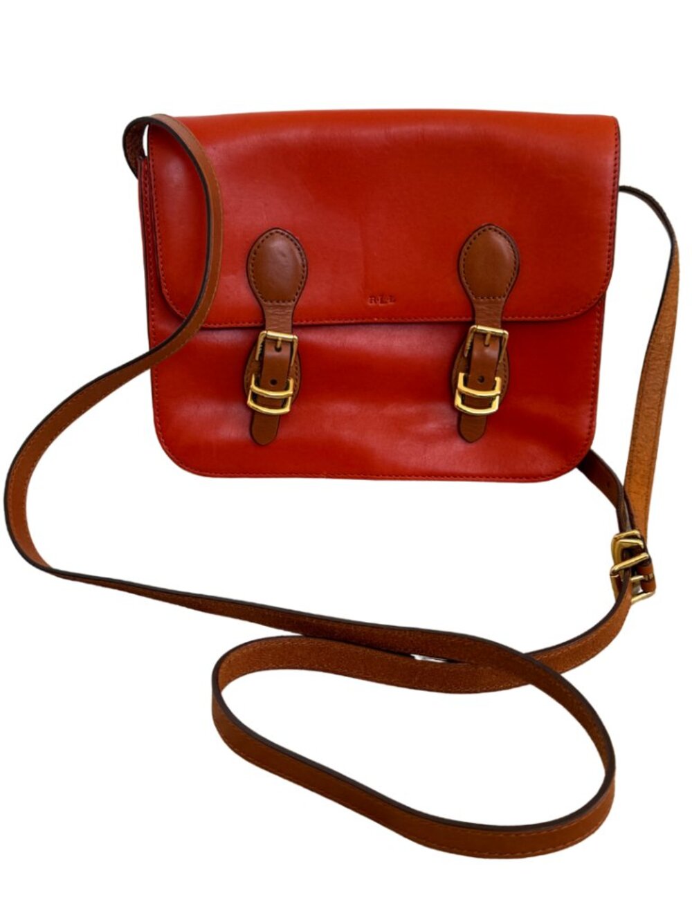 Lauren Ralph Lauren Orange Leather Double Buckle Satchel Crossbody Bag